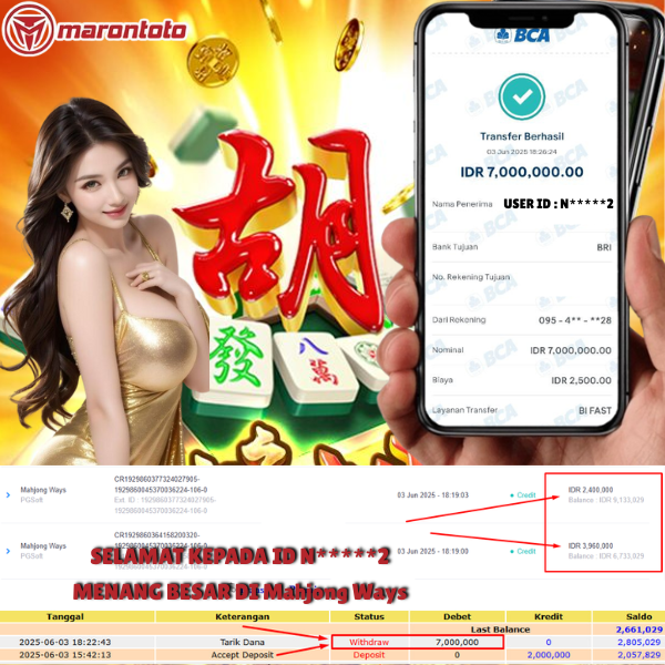 Bukti Kemenangan Member Marontoto Sebesar 7,000,000 JuTa