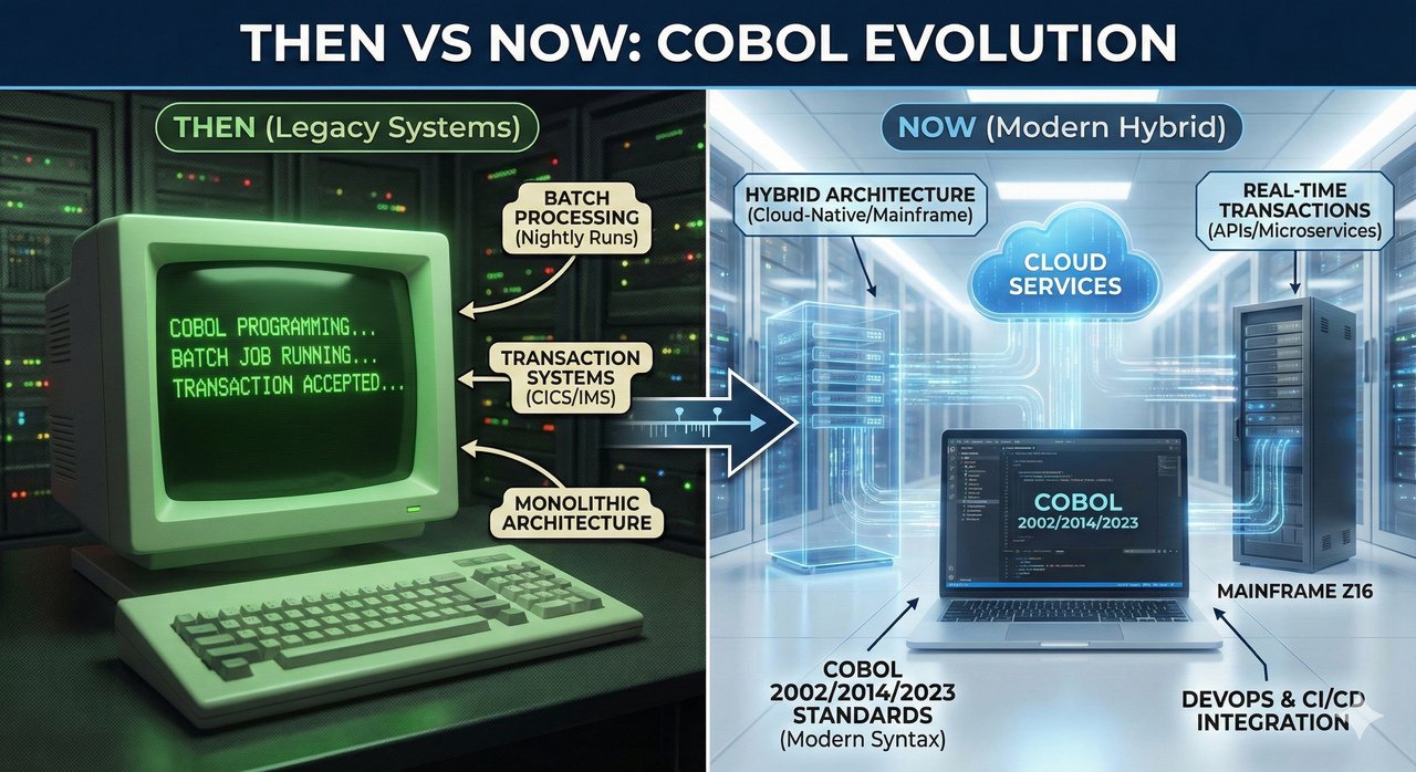 Comparison showing legacy COBOL terminal and modern hybrid mainframe-cloud architecture