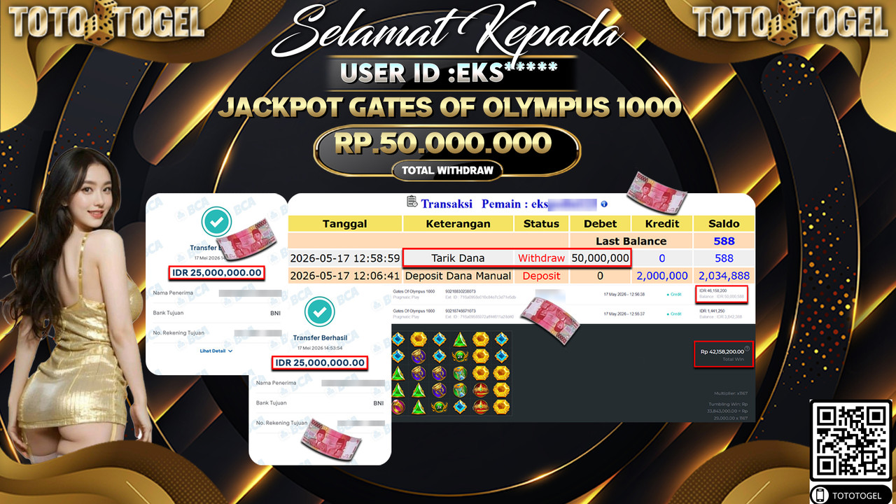 Bukti Pembayaran Jackpot Permainan Slot Gates Of Olympus 1000 ID:EKS***** LUNAS