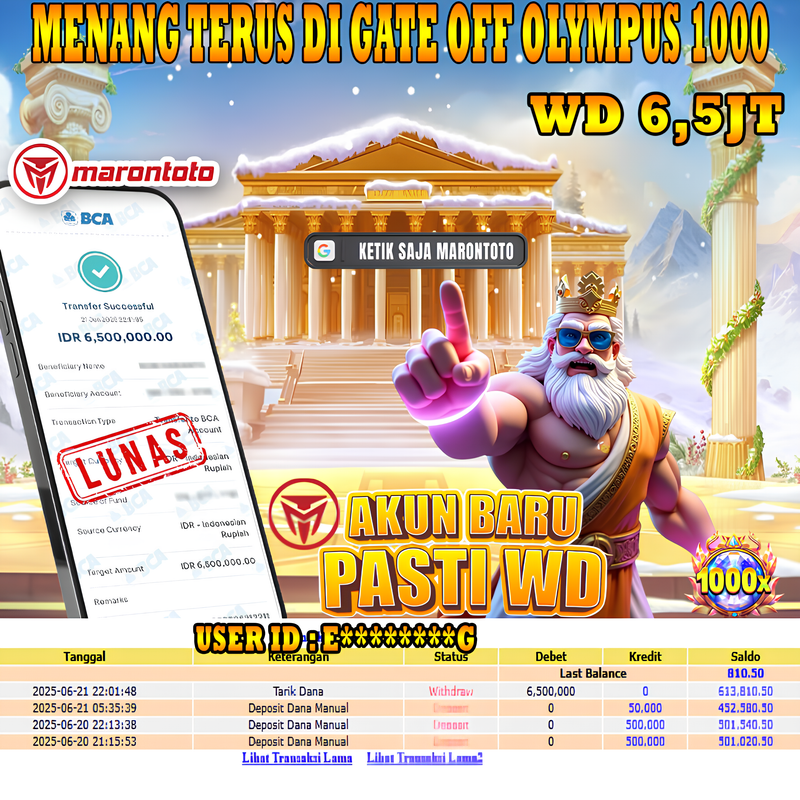 Bukti Kemenangan Member Marontoto Sebesar 6,500,000 JuTa