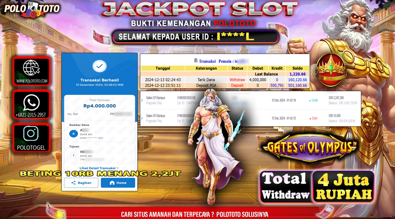POLOTOTO JACKPOT SLOT GATES OF OLYMPUS Rp.4,000.000,-