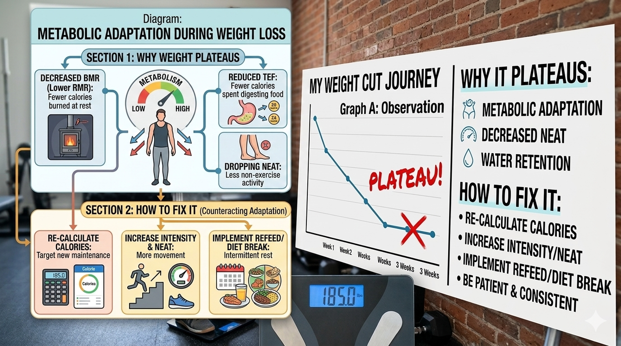 Diagram showing metabolic adaptation during weight loss for why your weight plateaus during a cut and how to fix it