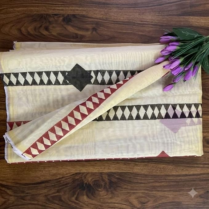 Women's Ready to Wear Chanderi Silk Saree with Geometric Hand Block Print