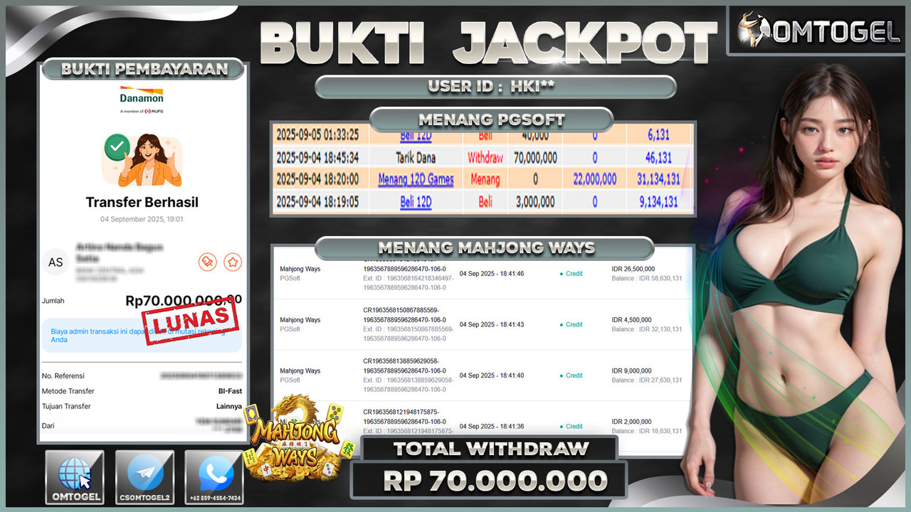 OMTOGEL JACKPOT PGSOFT MAHJONG WAYS 70 JUTA DI BAYAR LUNAS ,-