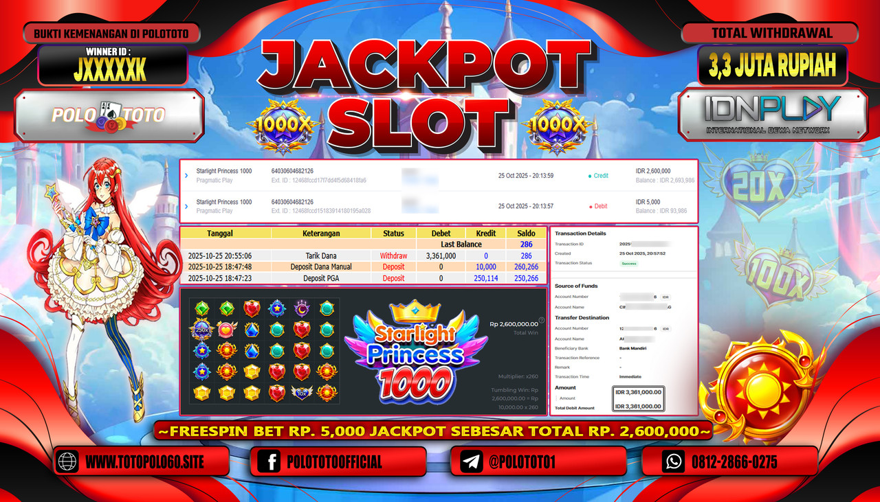 POLOTOTO JACKPOT SLOT STARLIGHT PRINCESS 1000 Rp.3.300.000,- LUNAS