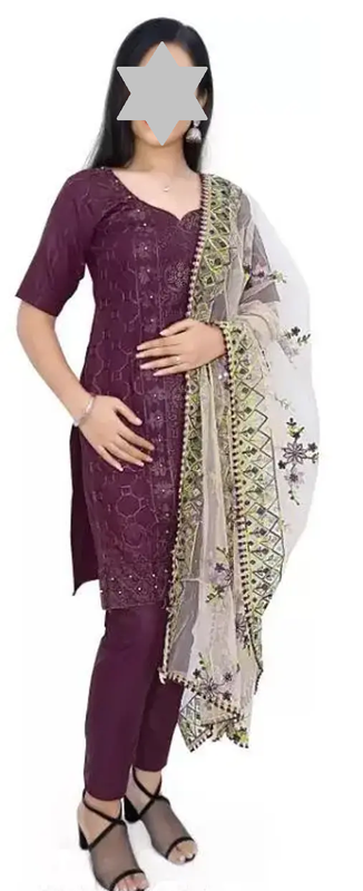 Women's Purple Floral Embroidered Cotton Suits & Dress Materials (R116)