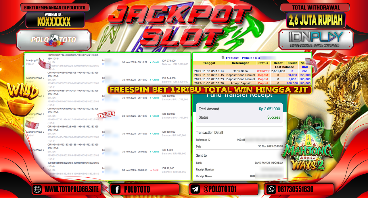 POLOTOTO JACKPOT SLOT MAHJONG WAYS 2 Rp.5.000.000,- LUNAS
