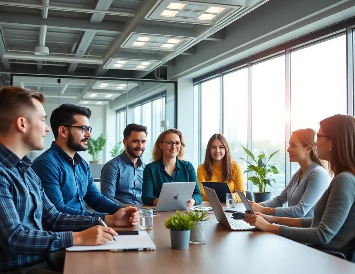 Personas revisando oportunidades laborales en una interfaz moderna desde un teléfono móvil