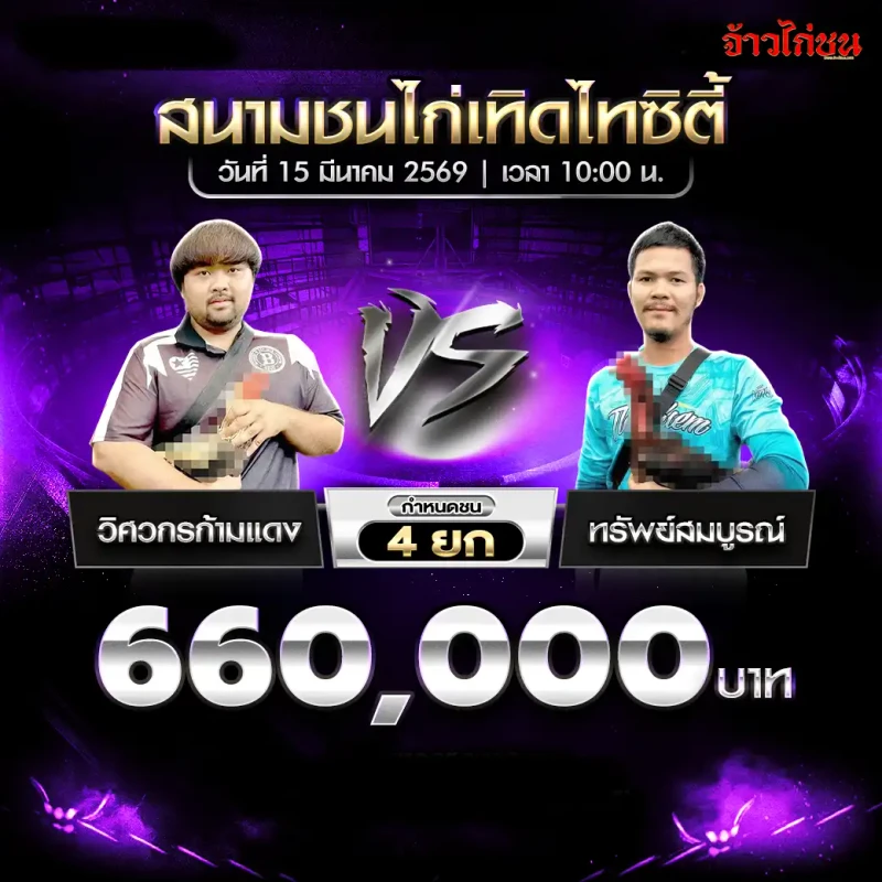 โปรแกรมไก่ชน คู่ วิศวกรก้ามแดง พบ ทรัพย์สมบูรณ์ สนามชนไก่เทิดไทซิตี้ 15 มีนาคม 2569