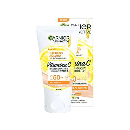 Amazon: Garnier Crema Hidratante Todo en uno tono claro con protección solar FPS50 y Vitamina C Express Aclara 40gr, (Planea y Ahorra) 
