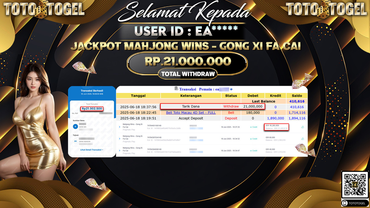Bukti Pembayaran Jackpot Permainan Slot Mahjong Wins - Gong XI Fa Cai ID:EA***** LUNAS