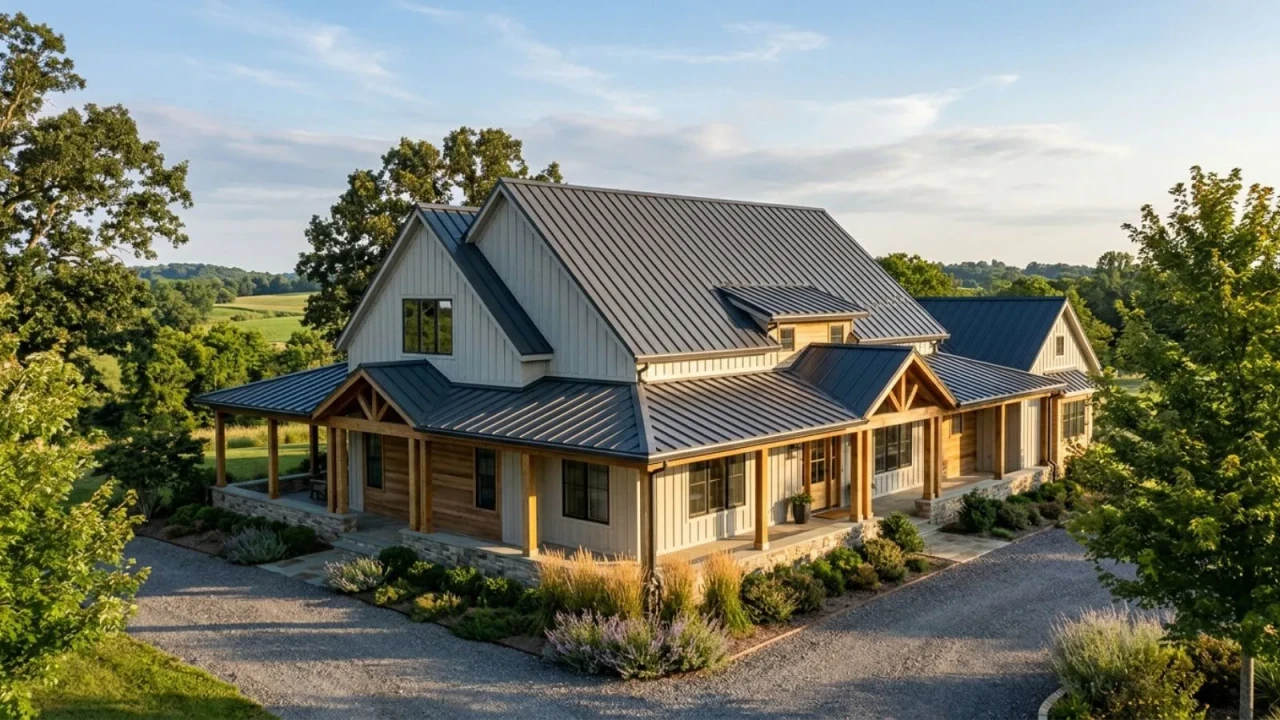 Standing seam metal roof panels on modern farmhouse home