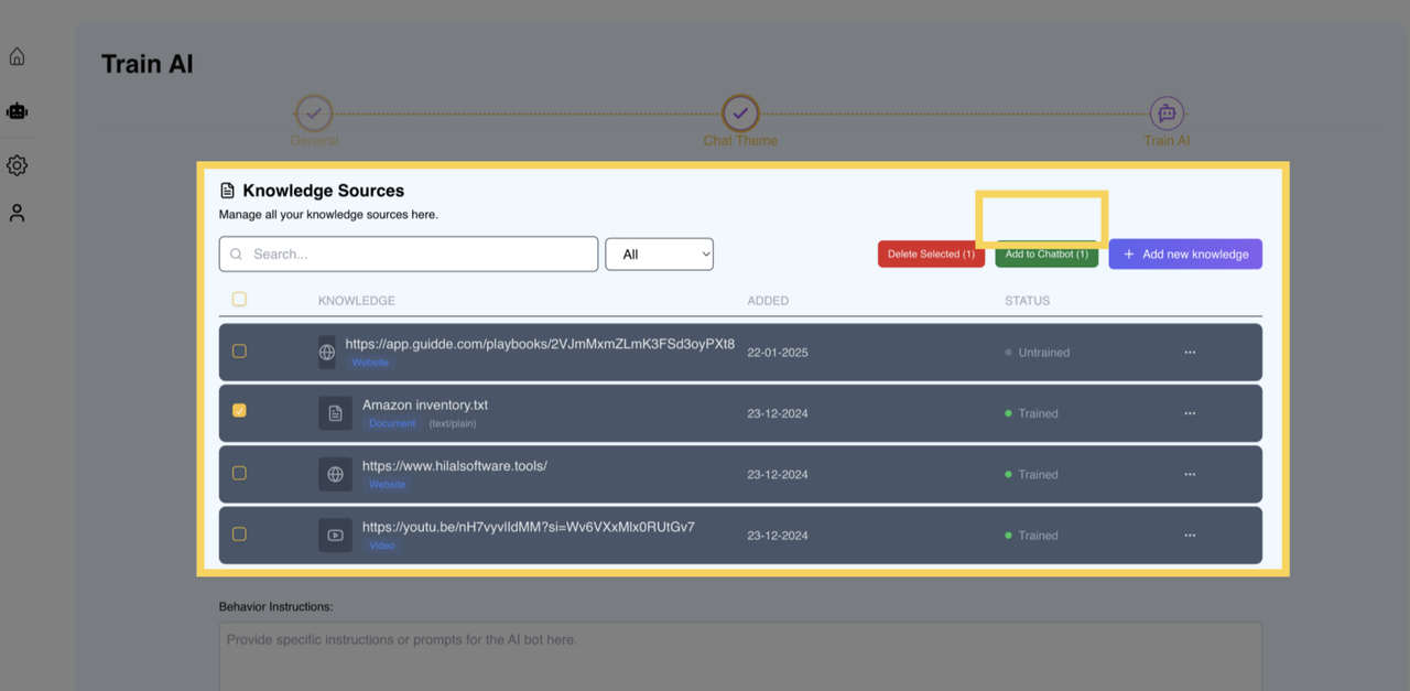 Assigning Knowledge resources to the Chatbot