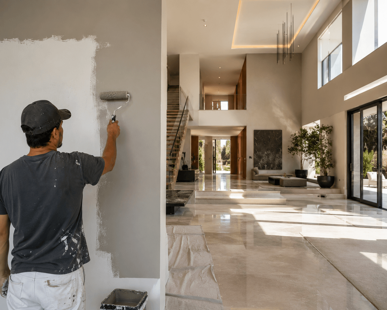 Profissional realizando pintura de parede interna com rolo e tintas Suvinil de alta qualidade