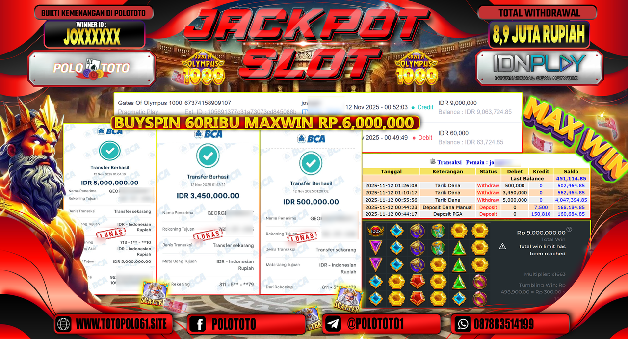 POLOTOTO JACKPOT SLOT GATES OF OLYMPUS 1000 Rp.8.900.000,- LUNAS