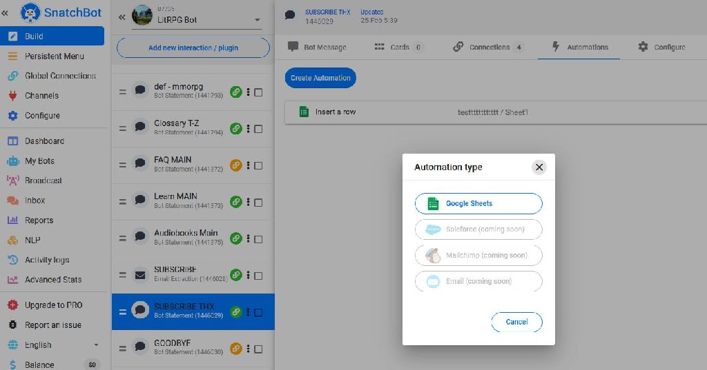 Automation integration with Google Sheets