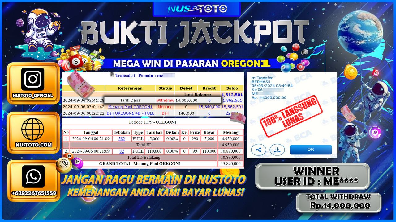 JACKPOT !! MENANG BESAR DI OREGON 1 SENILAI Rp.14.000.000 DIBAYAR LUNAS NUSTOTO !!