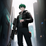 black hair, cyberpunk, teenage, 1 boy, assault rifle, green hair bridge, black e s-2608550018
