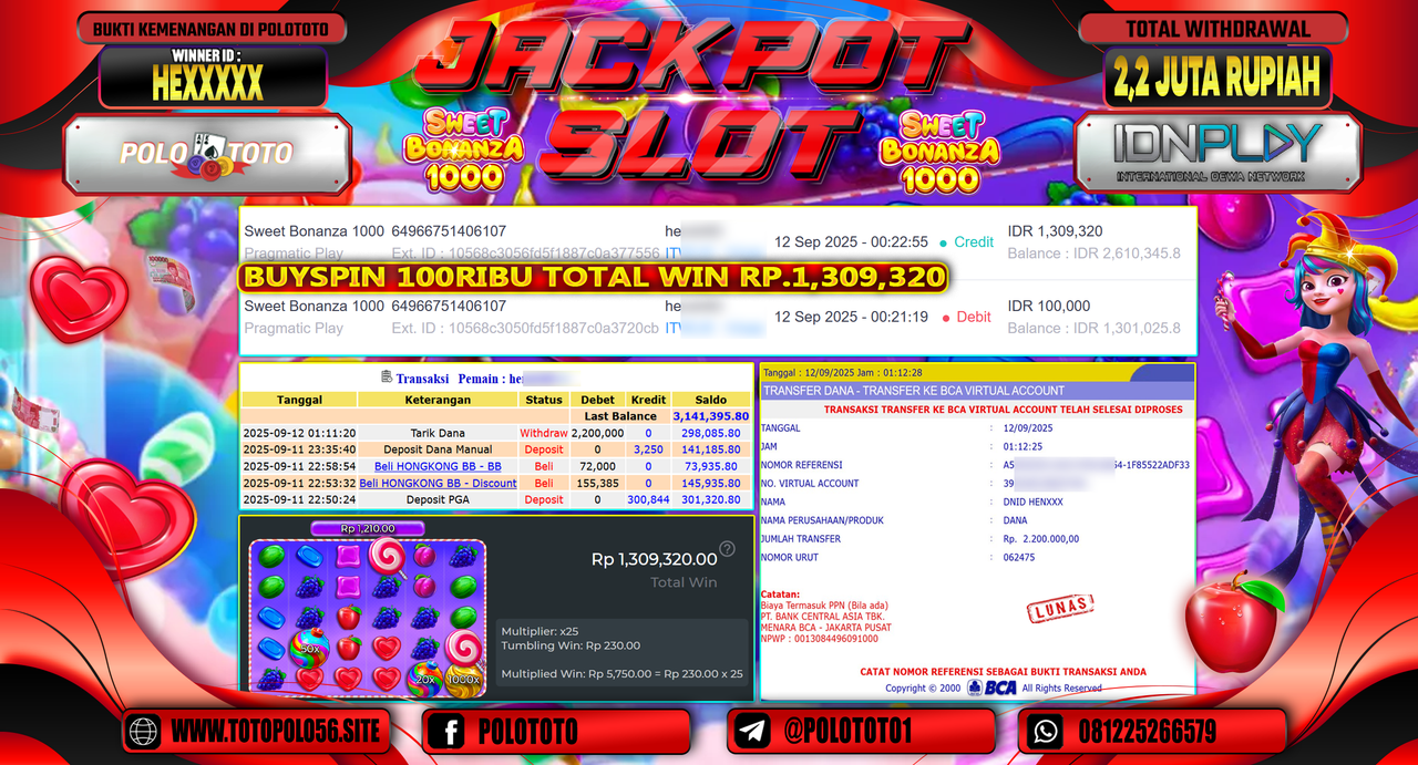 POLOTOTO JACKPOT SLOT SWEET BONANZA 1000 Rp.2.200.000,-