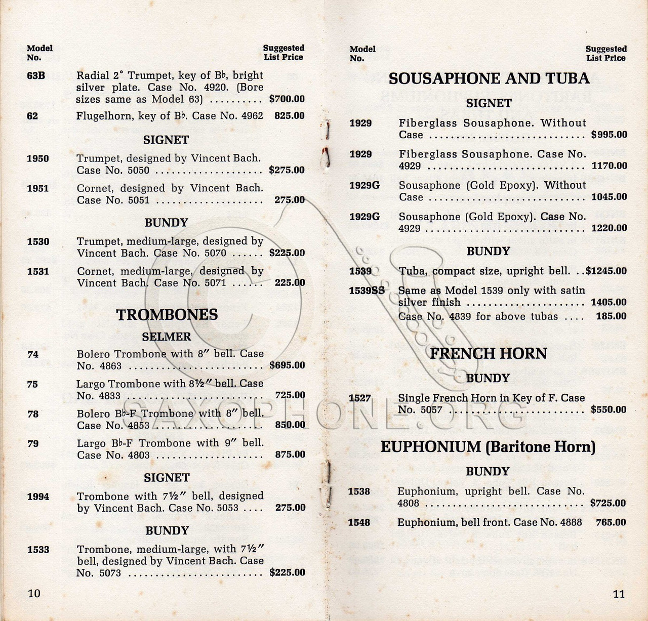 1975 trumpet price list shows 3 bores available for radial pg 2 Shows Sliver plated is model 63B sa