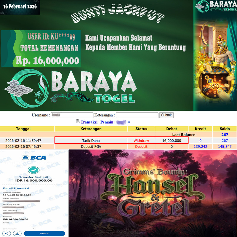 Rp. 16.000.000.- WD LUNAS DI BARAYATOGEL