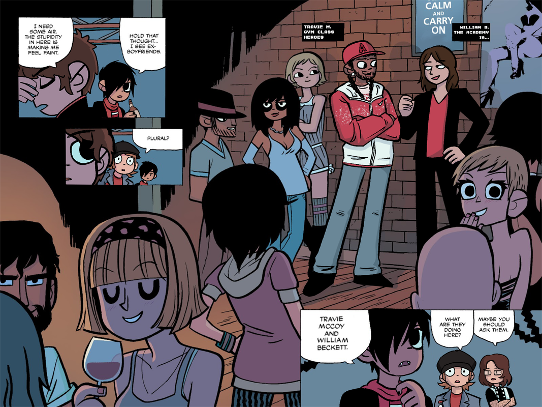 a scott pilgrim panel edit of various emo band members. joe trohman and andy hurley are kim, patrick stump is scott, pete wentz is ramona, travie mccoy is kyle katayanagi, and william beckett is ken katayanagi. panel 1: joe says 'i need some air. the stupidity in here is making me feel faint.' pete says 'hold that thought...i see ex-boyfriends' panel 2: patrick says 'plural?' panel 3: travie and william talking to each other in a crowd of people. travie is labeled 'travie mccoy gym class heroes' and william is labeled 'william beckett the academy is' panel 4: pete says 'travie mccoy and william beckett.' patrick says 'what are they doing here?' andy says 'maybe you should ask them'