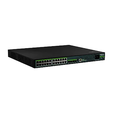 Vista detalhada das portas Gigabit e SFP+ do Switch Intelbras S3028G-PB Max.
