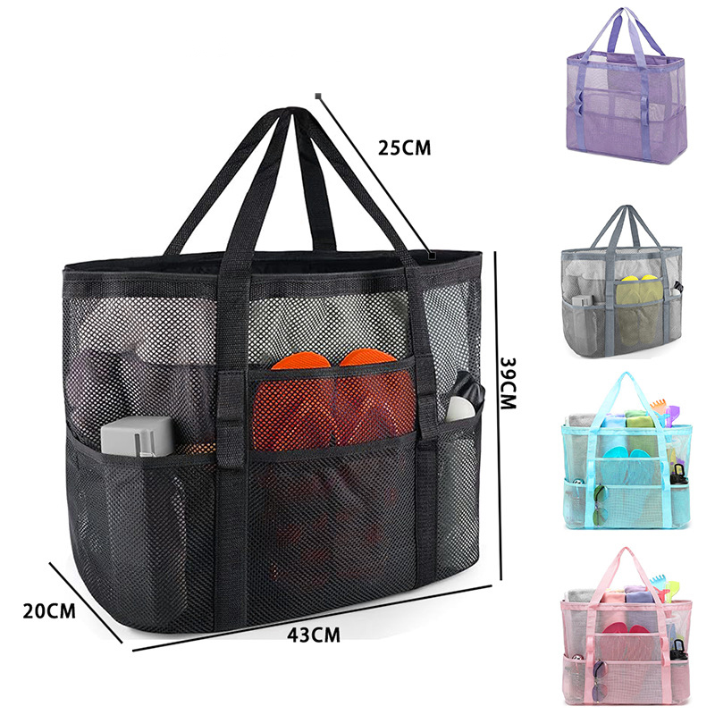 2-PCS White Mesh Beach Tote Bag – Large Capacity Swim Gear Organizer with Multiple Pockets for Shoes, Swimsuits, and Essentials