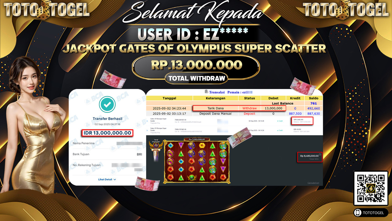 Bukti Pembayaran Jackpot Permainan Slot Gates Of Olympus Super Scatter ID:EZ***** LUNAS