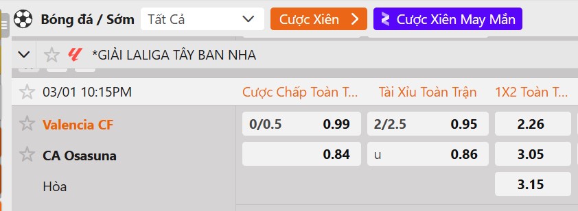 Tỷ lệ kèo Valencia vs Osasuna