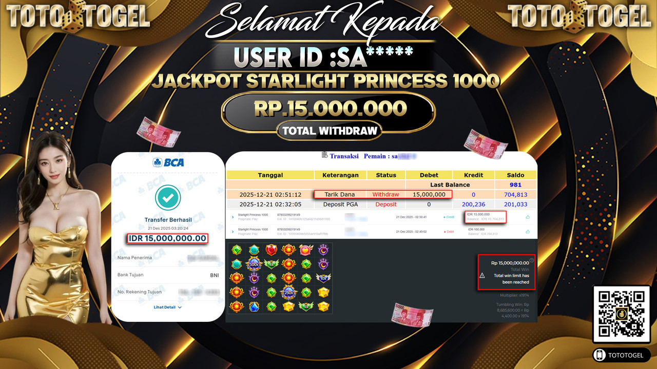 Bukti Pembayaran Jackpot Permainan Slot Starlight Princess 1000 ID:SA**** LUNAS