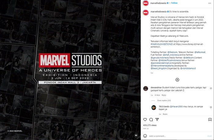 Marvel Studios Exhibition akan digelar pada 3 Juni - 14 Septembet 2022 di Pondok Indah Mall 3, Jakarta Selatan, DKI Jakarta.