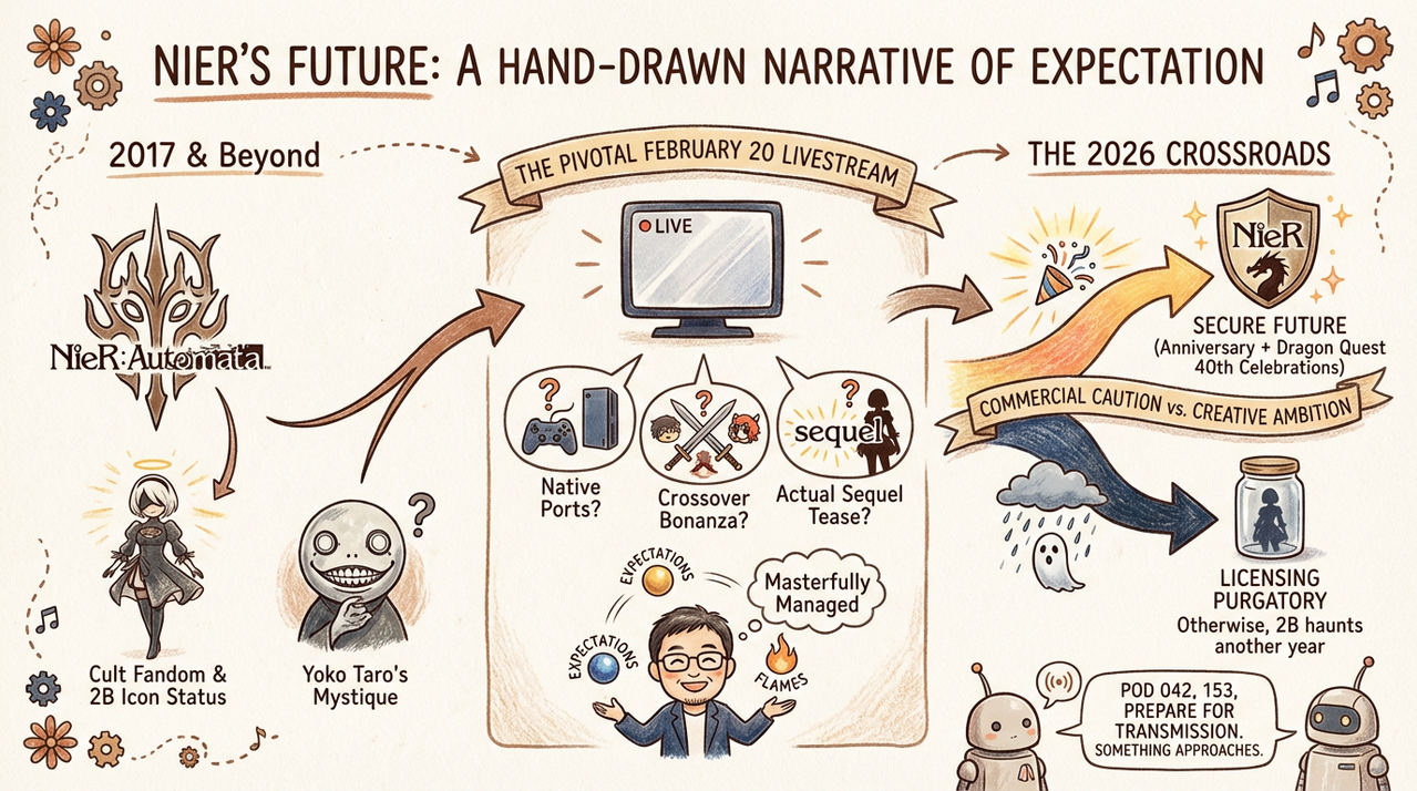 Mysterious android warrior in post-apocalyptic landscape