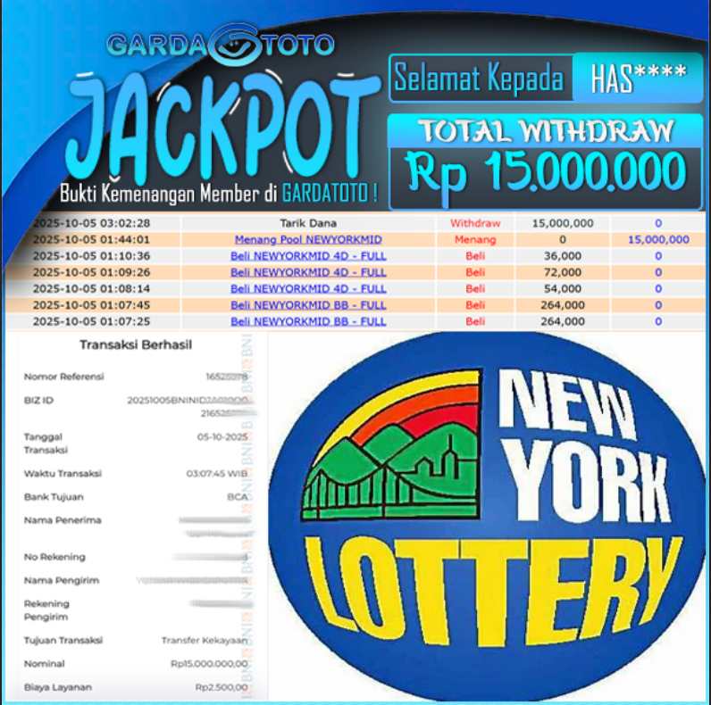 JACKPOT TOGEL DI PASARAN NEWYORKMID POOLS Rp 15,000.000