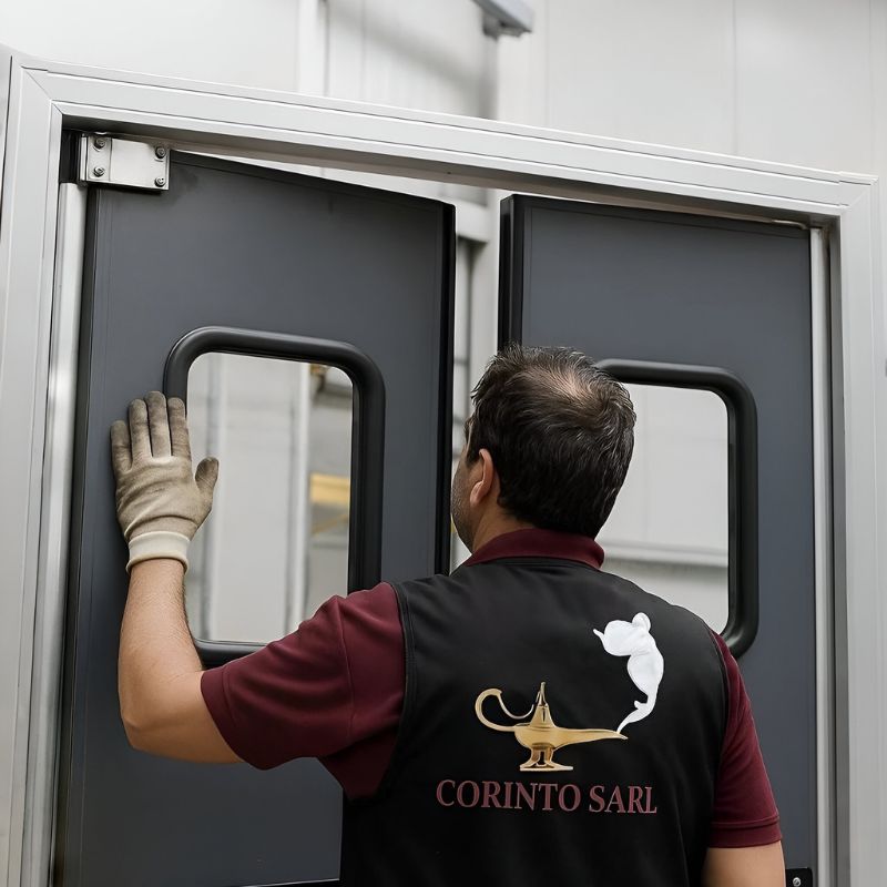 Détail d'une porte va-et-vient en situation