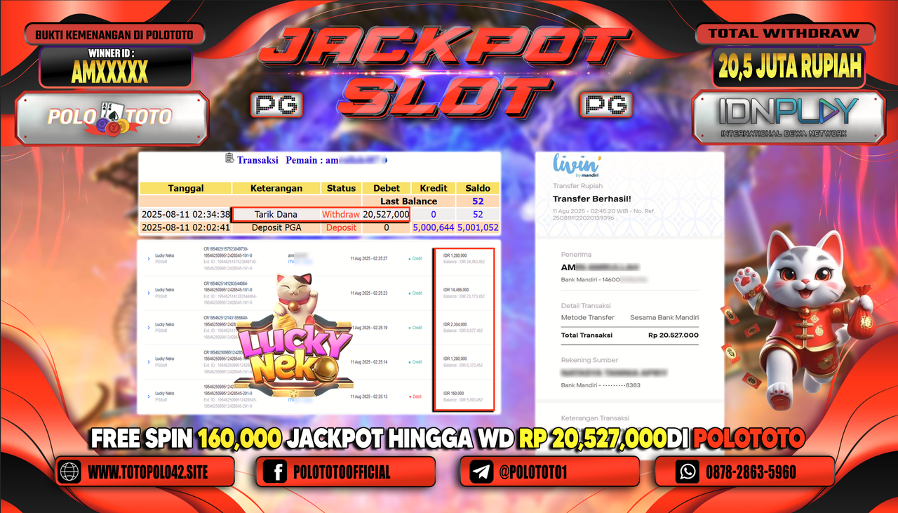 POLOTOTO JACKPOT SLOT LUCKY NEKO Rp.20.500.000,-LUNAS