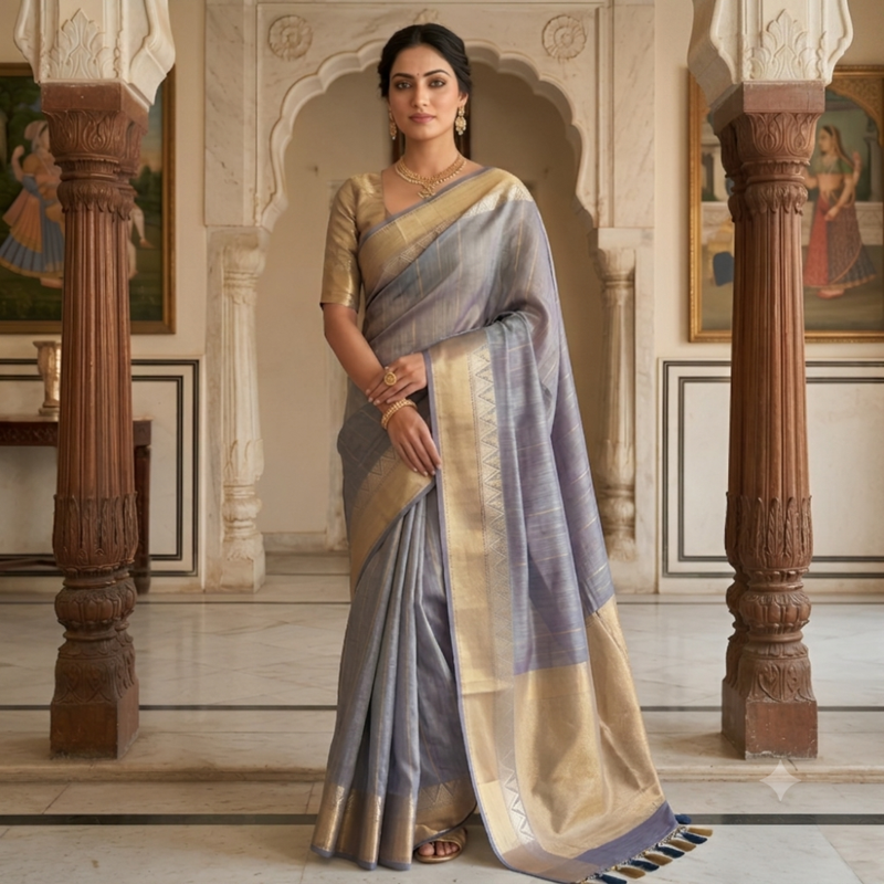 Women's Linen Silk Saree with Temple Border & Unstitched Blouse Piece