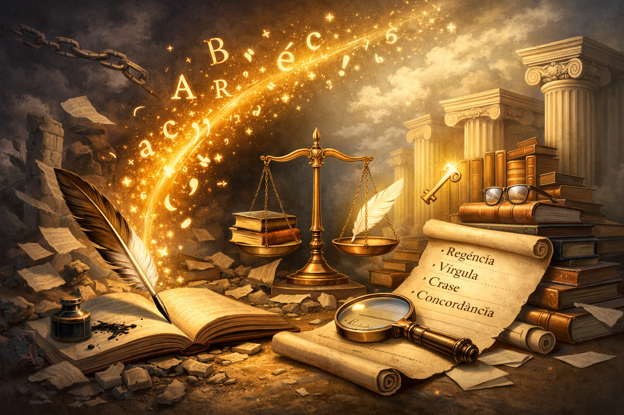 Balança de precisão sobre livros antigos iluminada por letras douradas flutuantes representando a perfeição gramatical