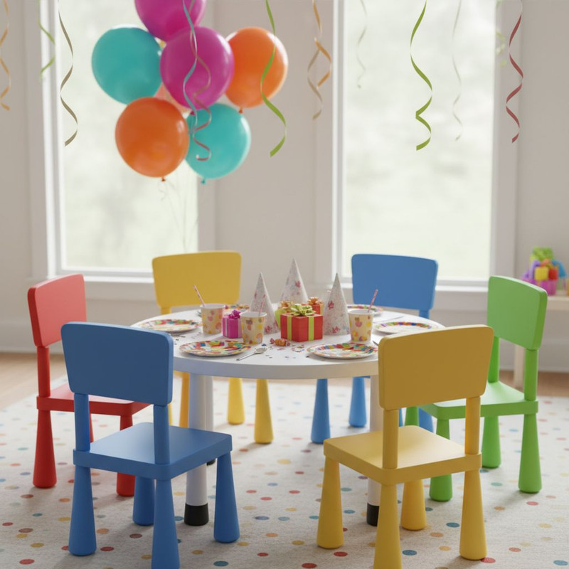 Яркие и безопасные стулья в оформлении детского праздника или тематической вечеринки.