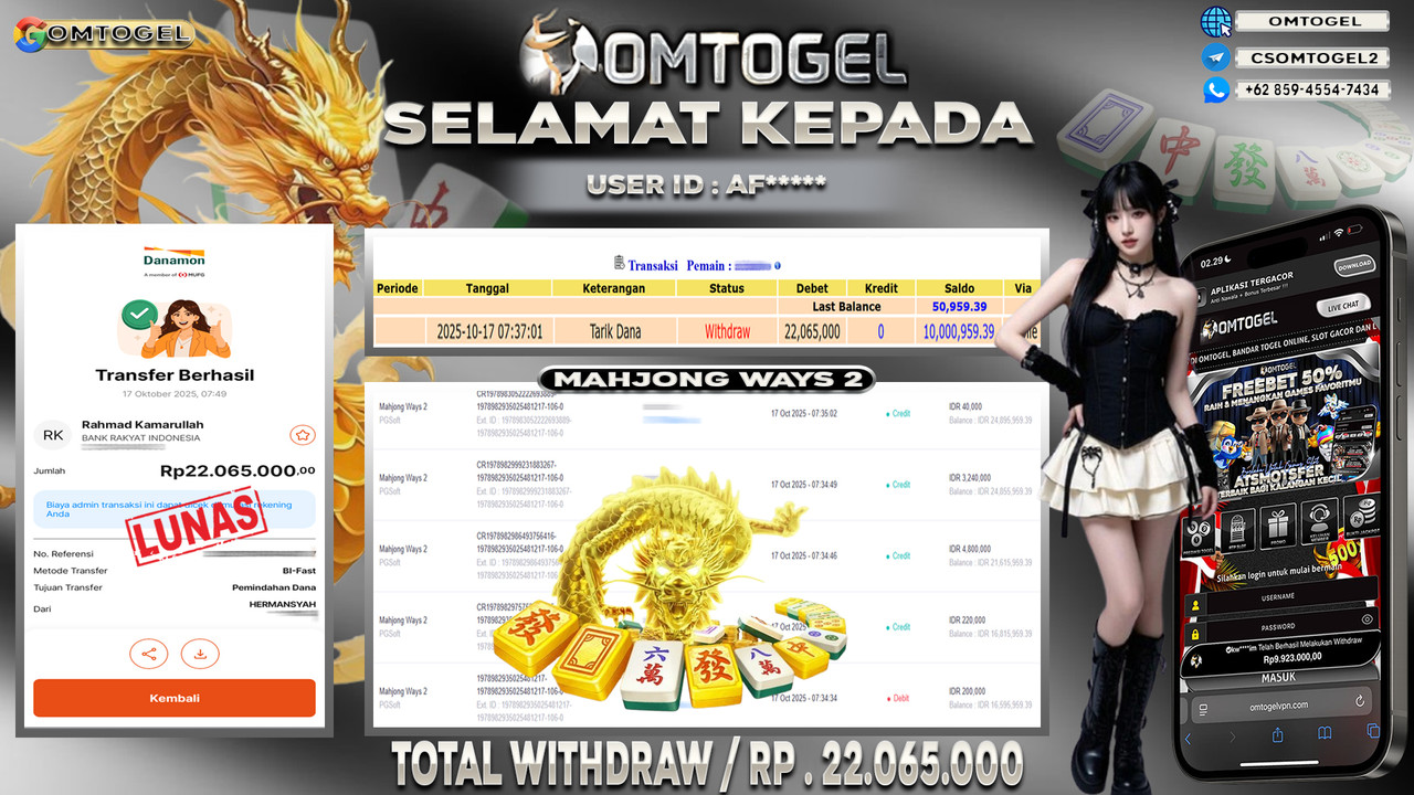 OMTOGEL JACKPOT PGSOFT MAHJONG WAYS 2 22 JUTA DI BAYAR LUNAS ,-