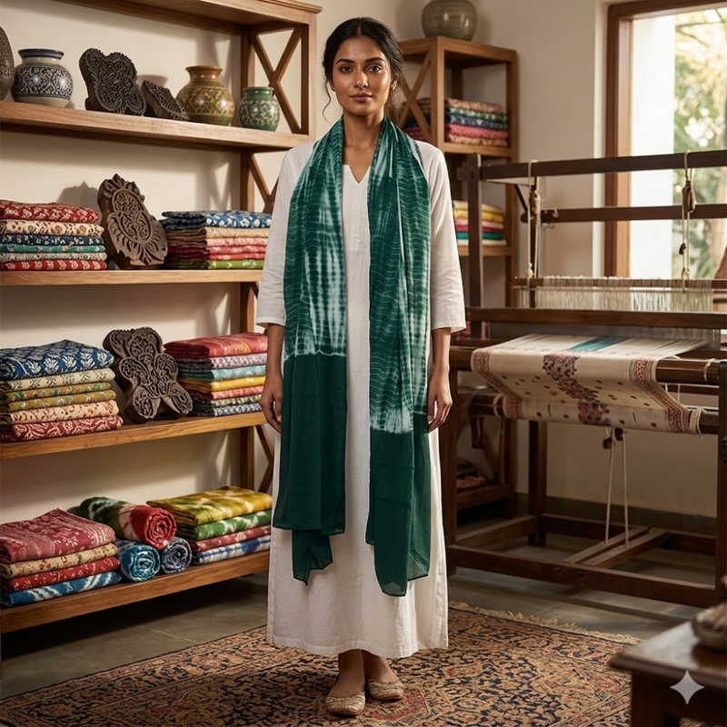 Majestic Green Tie & Dye MulMul Cotton Dupatta