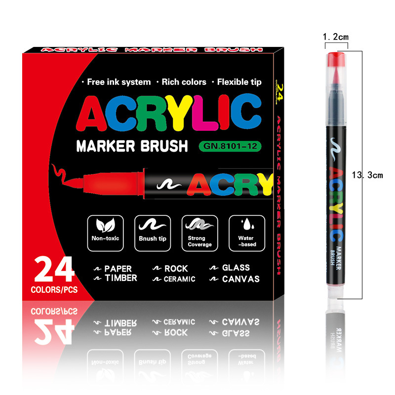 24-Color Liquid Acrylic Paint Markers — Soft Brush Tip| Art & Painting Supplies | Automatic Ink Control System | Suitable for Various Surfaces (Rock, Glass, Wood, Fabric, PP Materials) | Recommended Age: 3+
