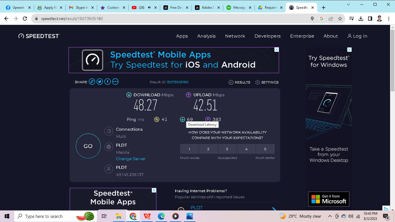 Main internet download and upload speeds