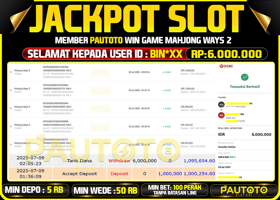 BUKTI PEMBAYARAN TGL 8 JULY 2025 MENANG DI PERMAINAN MAHJONG WAYS 2 TOTAL WD 6 JUTA