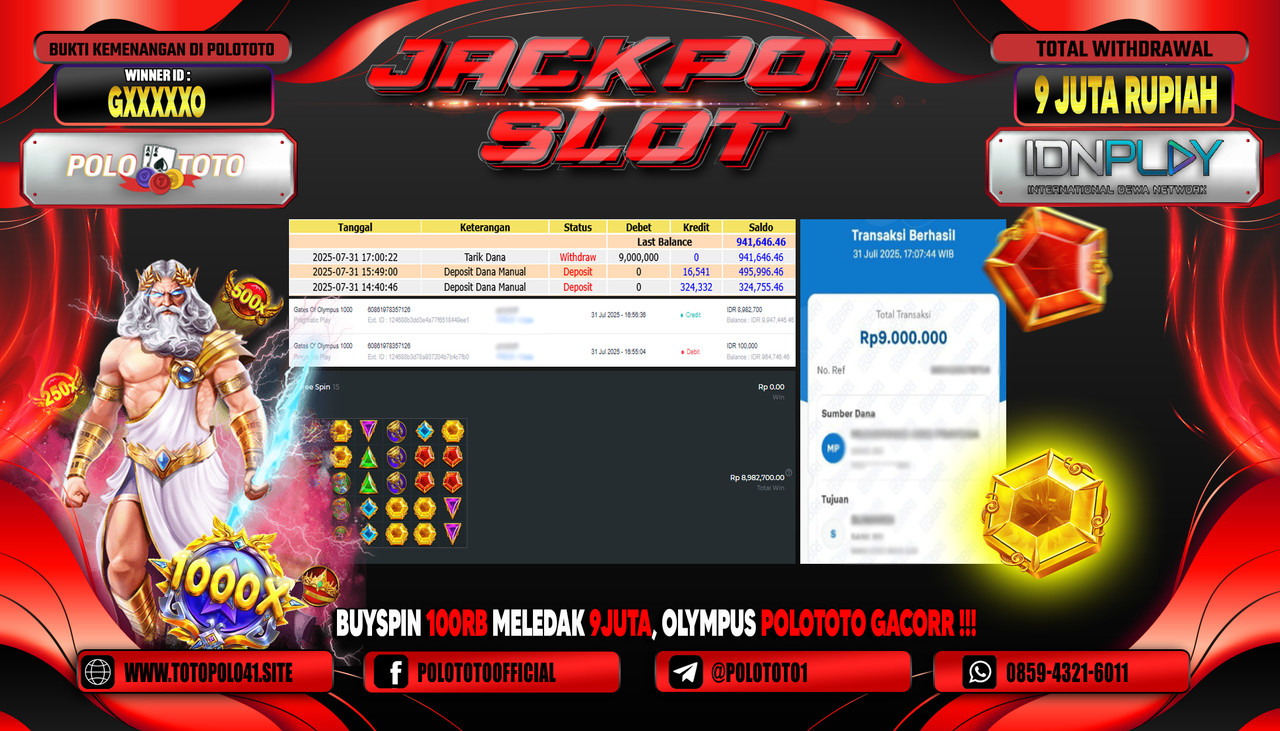 POLOTOTO JACKPOT SLOT GATES OF OLYMPUS 1000 Rp.9.000.000,-LUNAS