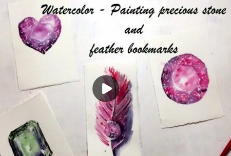 Watercolor - Painting precious stone and feather bookmarks