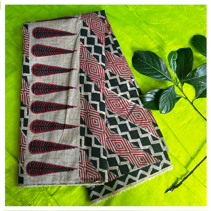 Hand Block Printed Muesli Beige Saree with Green and Black Floral Motifs