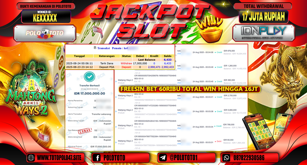 POLOTOTO JACKPOT SLOT MAHJONG WAYS 2 Rp.17.000.000,-