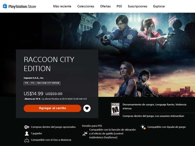 PlayStation:PS4 PS5: Resident Evil Raccoon City Edition 17.39 dolares ya con impuestos 
