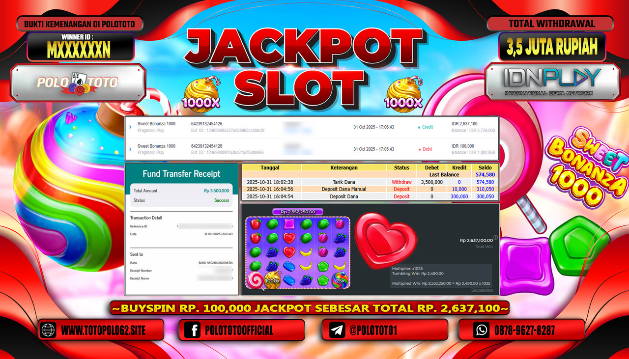 POLOTOTO JACKPOT SLOT SWEET BONANZA 1000 Rp.3.500.000,- LUNAS